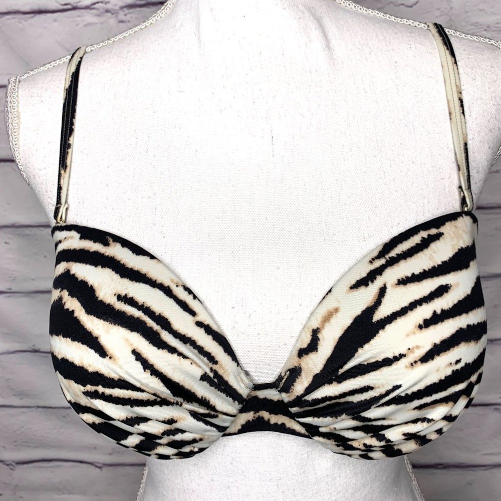 Victoria's Secret Black & Tan Animal Print Ruched Bikini Swimsuit Top 36D